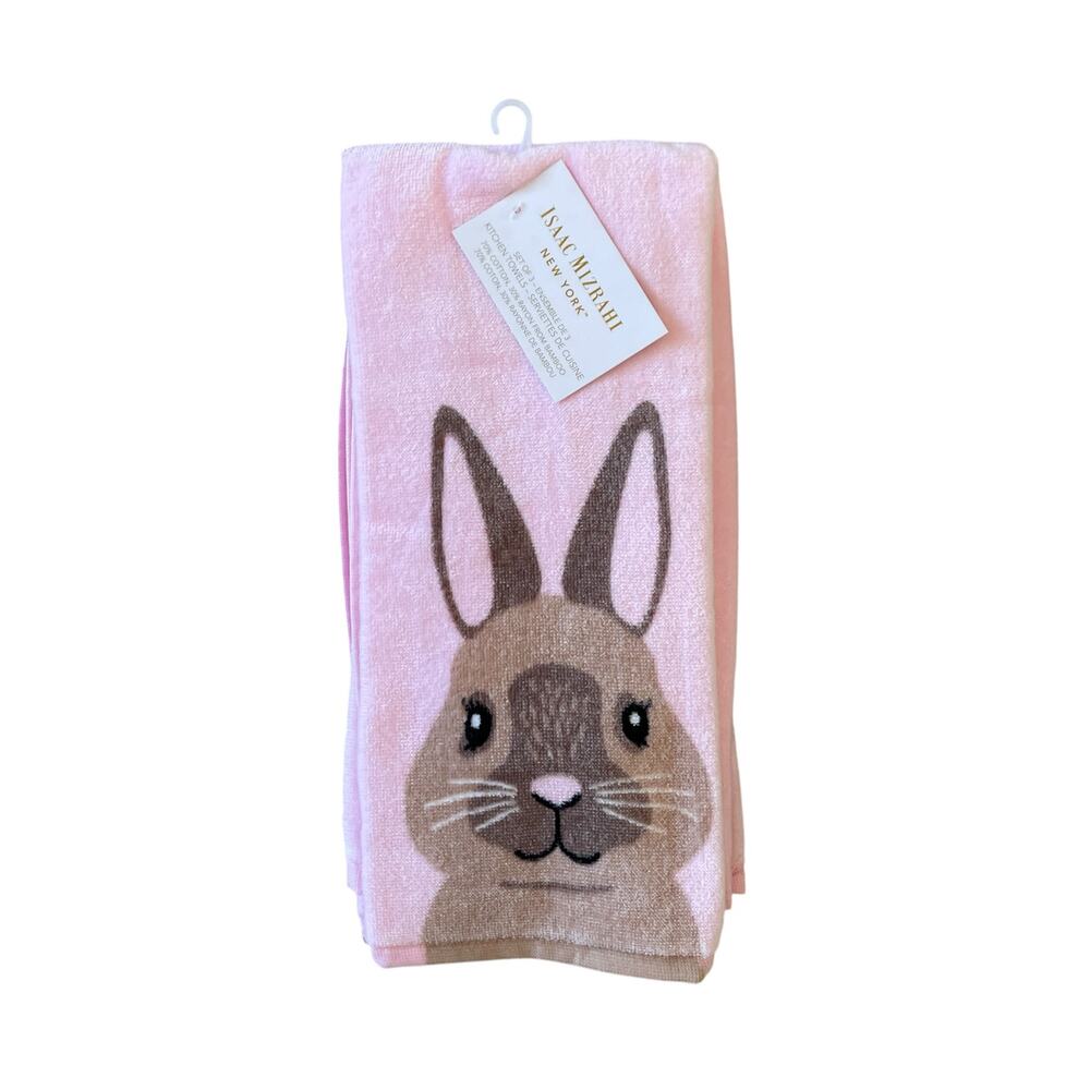 ISAAC MIZRAHI Pink Bunny Rabbit Cotton Kitchen Towels 19x28 Set of 3 Spring New